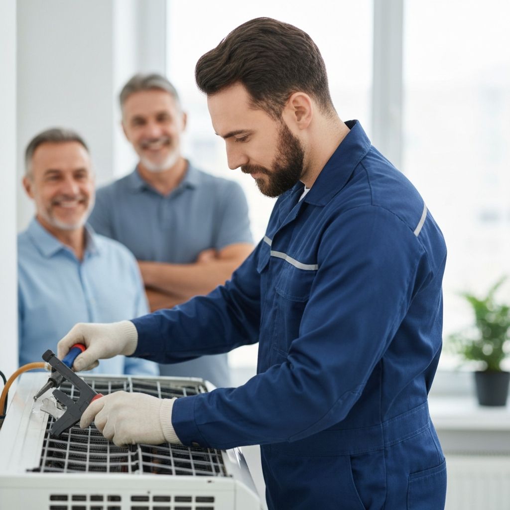 Professional HVAC technician performing AC maintenance for member